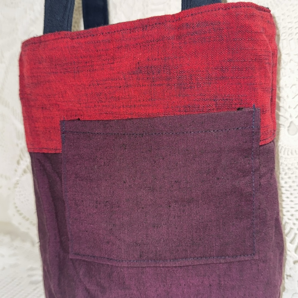 BOHO Fabric Reversible Mini Tote Bag Pockets Dual Handle Travel Folds Red Blue - Picture 8 of 14